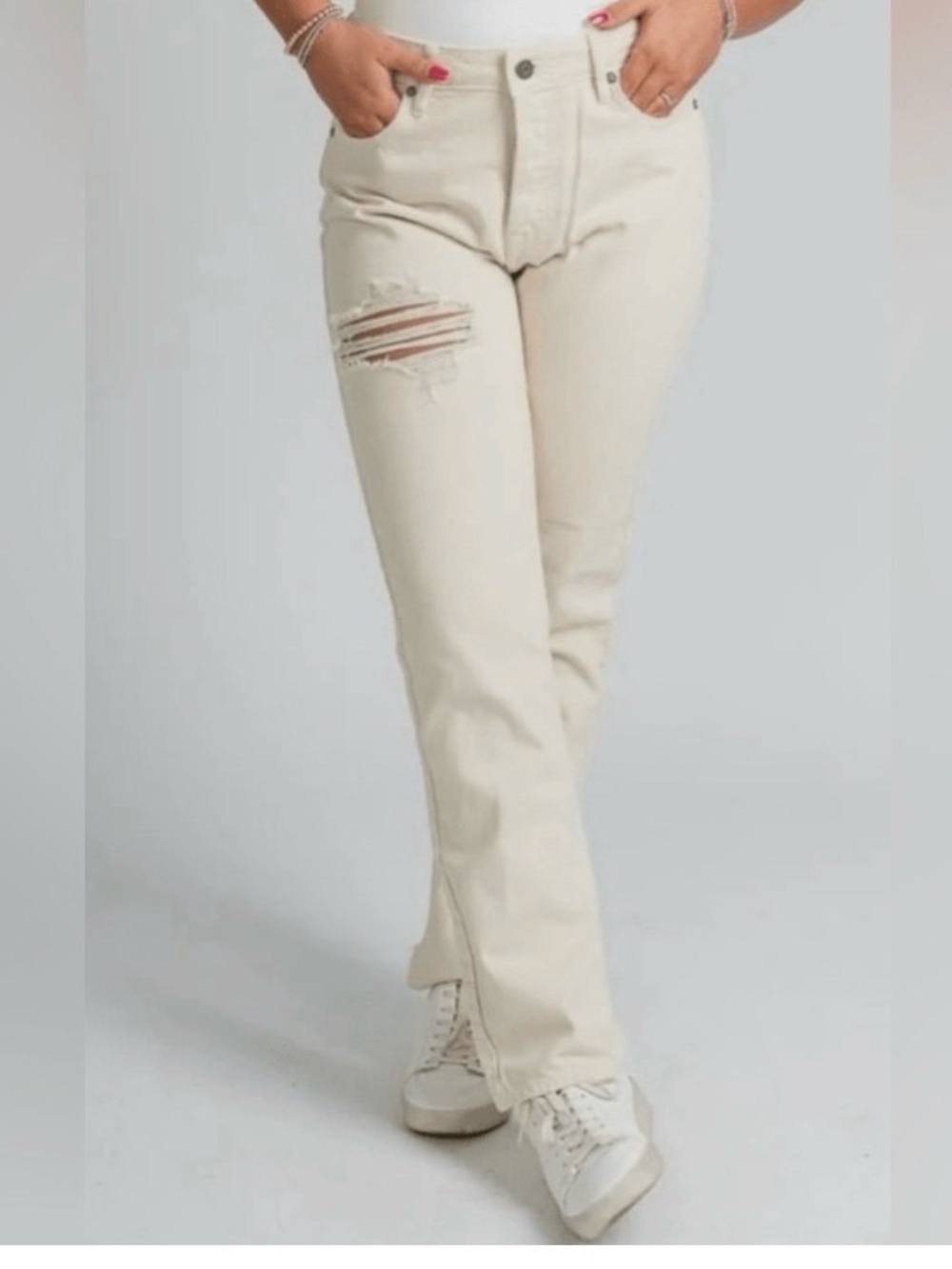 Hidden Straight Leg Button Fly Distressed Jeans (Cream/Ecru)